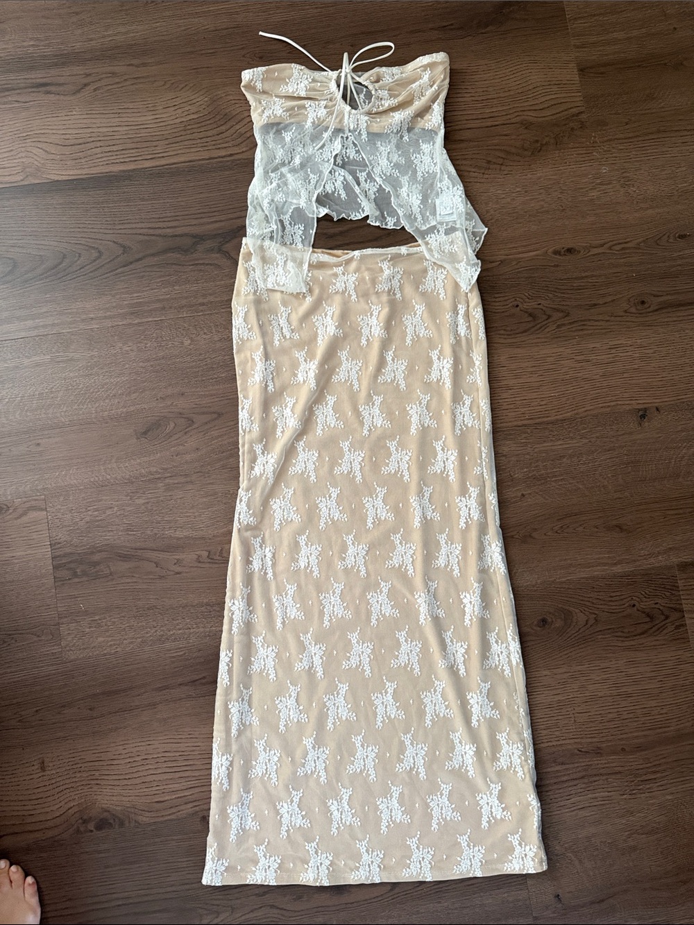TIGER MIST Sheer Lace-Overlay Beige Maxi Skirt SET